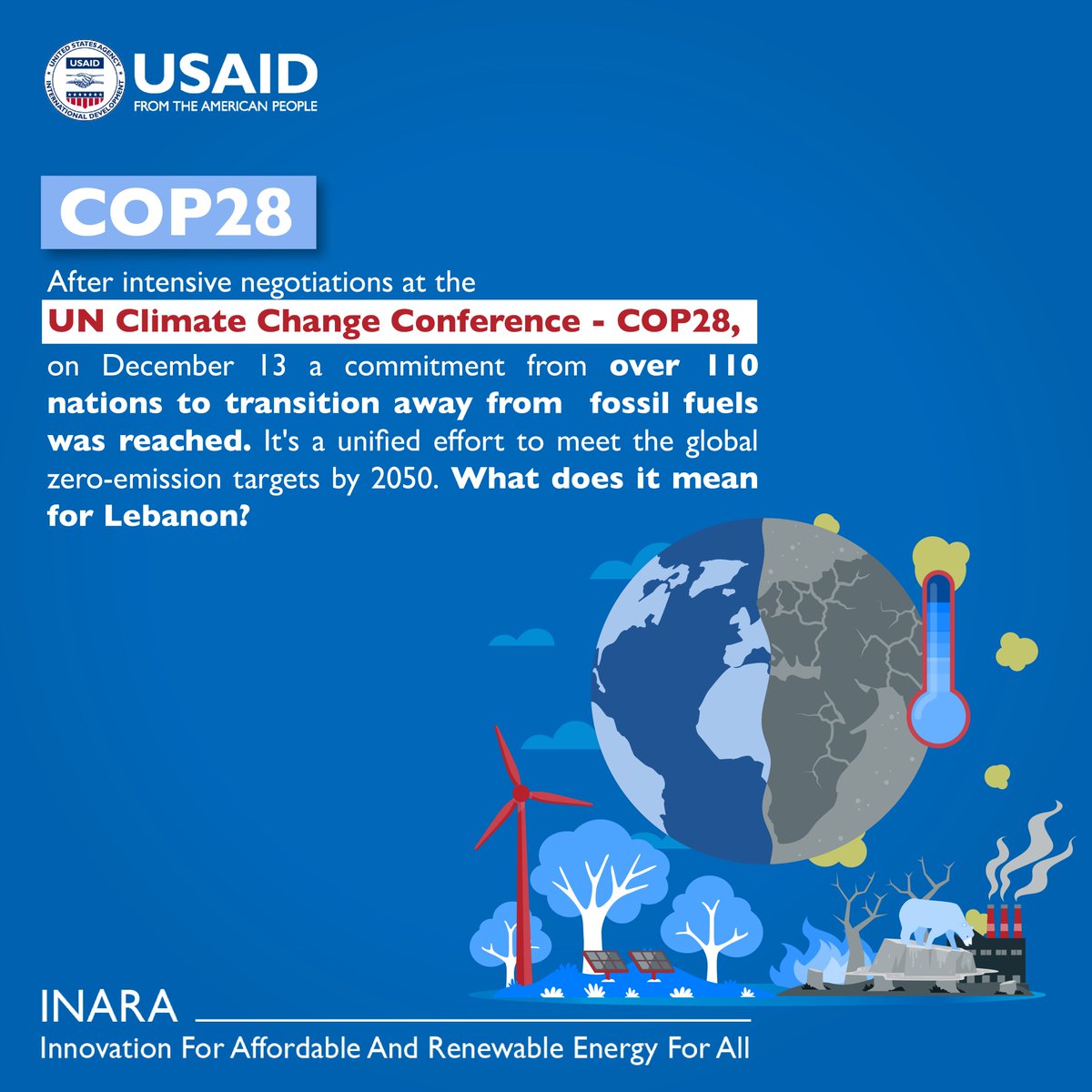 INARALeb's tweet photo. This deal marks significant progress, surpassing the impact of the Paris Agreement. It's a clear sign that we're moving towards the end of the fossil fuel era though we still need to do a lot to keep 1.5C within reach 🌍 
#INARA #USAIDLebanon #COP28UAE #RenewableEnergy https://t.co/ns3JC07fgq