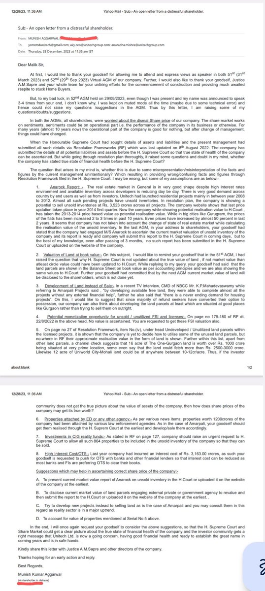 #Unitech "A shareholder in distress", email sent to CMD of Unitech Mr. Malik.