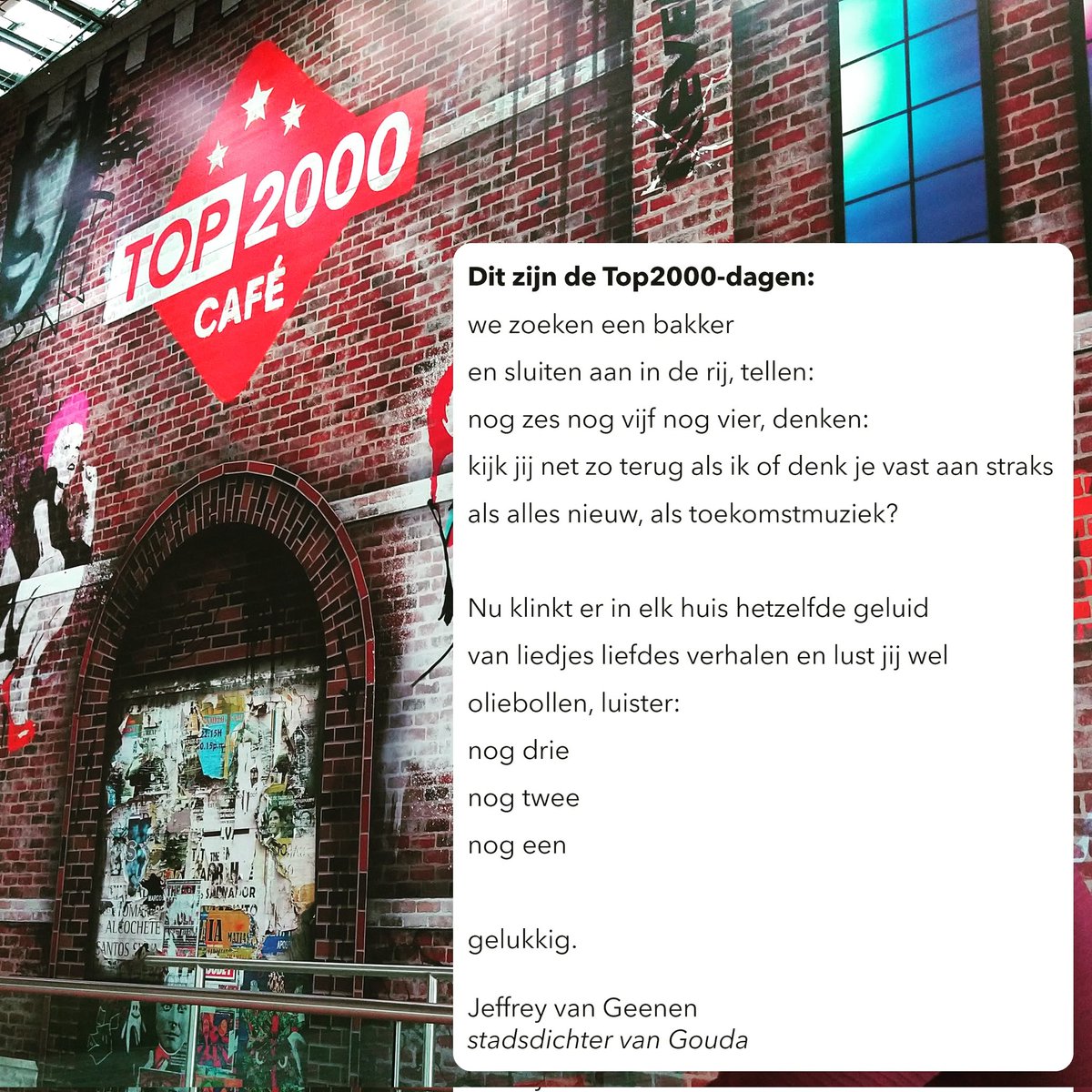 Aansluiten &amp; aftellen, gedicht over de tijd tussen Kerst en Nieuwjaarsdag. Op welk nummer wacht jij?

Dit zijn de #Top2000-dagen:
(...)
Nu klinkt er in elk huis hetzelfde geluid
van liedjes liefdes verhalen en lust jij wel oliebollen, luister:
nog drie
nog twee
nog een
gelukkig.