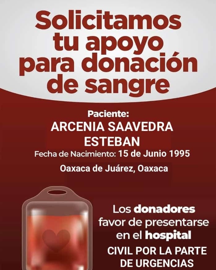 La mami de una de nuestras niñas requiere de nuestra ayuda, dona sangre o plaquetas en el Hospital Civil de Oaxaca 

 #buscamosheroes #DonaPlaquetas #donasangre #Oaxaca #URGENTE #OaxacaDeJuárez