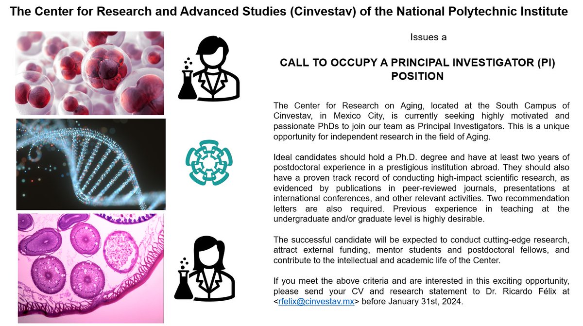 🚨 PLAZA DE INVESTIGACIÓN 🚨

La candidata o candidato seleccionado tendrá una plaza como investigador o investigadora principal en el Centro de Investigación sobre el Envejecimiento, ubicado en el Cinvestav Sede Sur

Fecha límite
🗓️ 31 de enero 2024
📧rfelix@cinvestav.mx