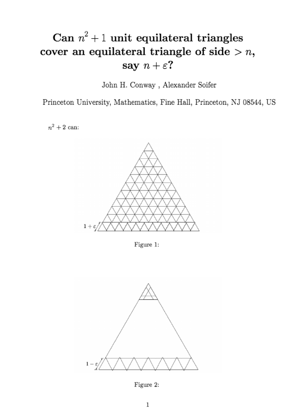 PhysInHistory's tweet photo. This is the shortest math paper ever published - written by John Conway and Alexander Soifer in 2005, published in The American Mathematical Monthly. It is only two words long and contains two proofs of their problem in two diagrams.