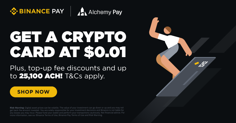 binance's tweet photo. Enjoy a variety of promotions with #Binance Pay and the Crypto Card mini app! 

Join now to get a Crypto Card at $0.01, enjoy top-up fee discounts, and receive up to 25,100 $ACH in token vouchers.

Find out more ⤵️