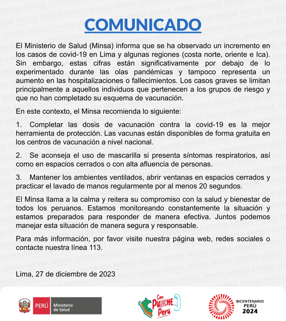 Minsa_Peru's tweet image. #COMUNICADO | El Ministerio de Salud, ante el incremento de casos de covid-19, recomienda lo siguiente:
