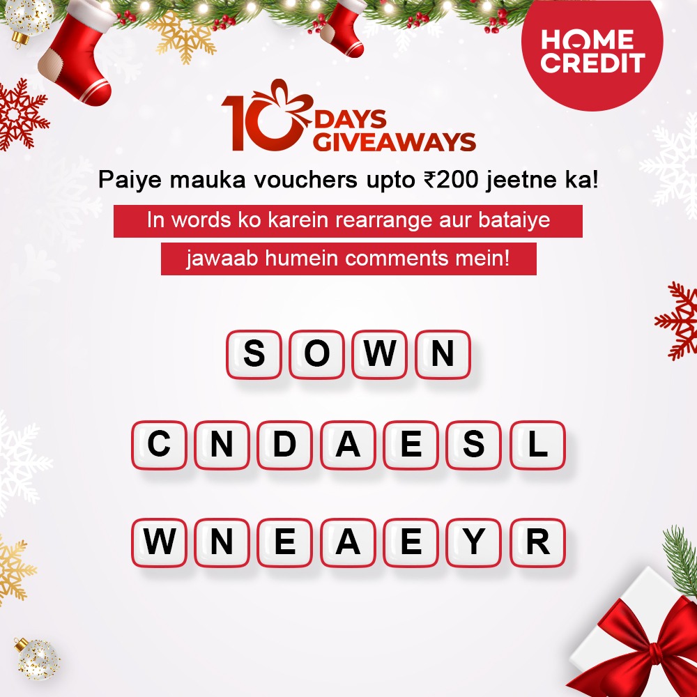 Karein in jumbled words ko unjumble aur bataiye sahi jawab comments mein!

Kaise jeet sakte hai:
-Follow karein humara page <a href="/HomeCredit_In/">Home Credit India</a> 
-Tag karein apne 3 dosto ko aur unhe kahein humara page follow karne ko
-Comments mein bataiye jawab

#HomeCredit