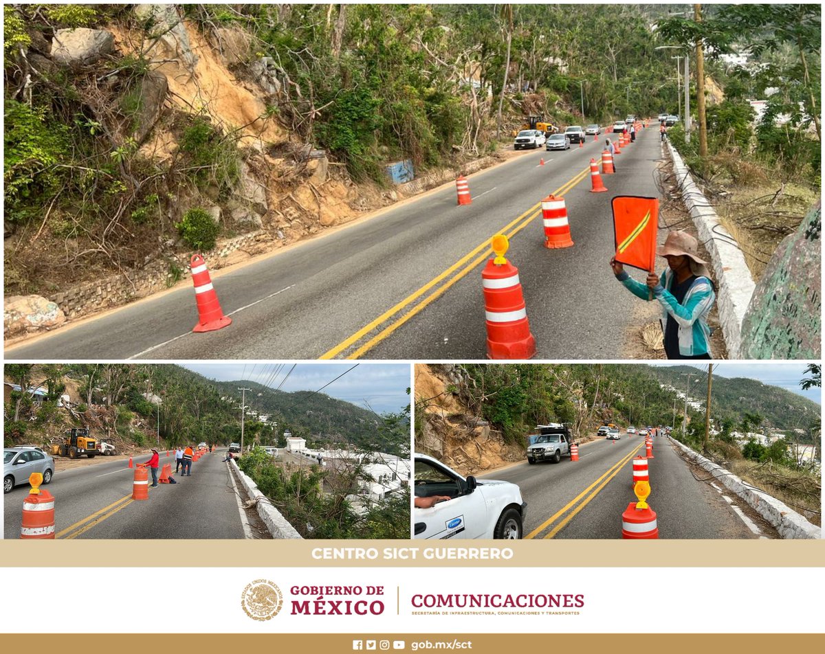 SICTGuerrero's tweet photo. En Acapulco, Guerrero, Protección Civil estatal atiende las afectaciones en la Avenida Escénica debido a un socavón. El socavón se ubica a la altura de Blue Pichilingue, en el sentido de la vía Base Naval a Puerto Marqués. Se recomienda extremar precauciones. https://t.co/woZesyRreR