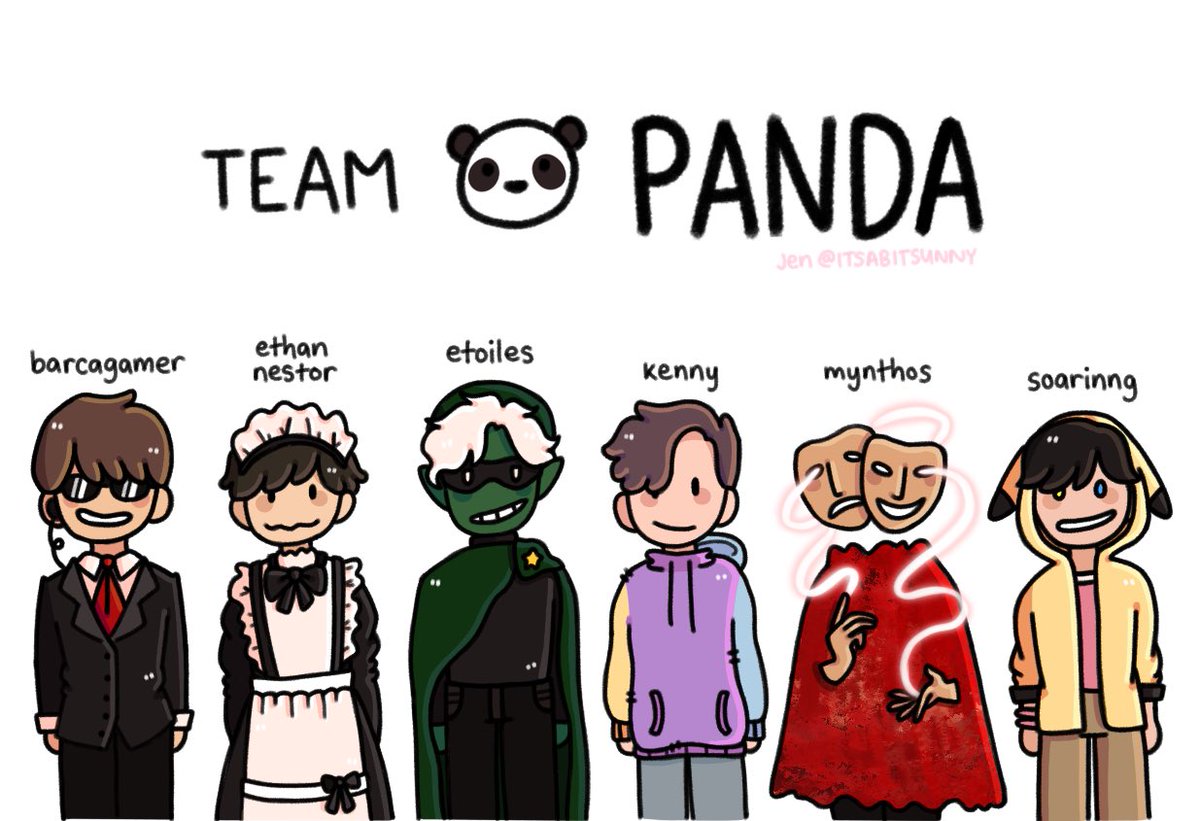 drawing all the qsmp purgatory 2 teams (6/8)

introducing đội gấu trúc aka team panda !

[ #qsmpfanart #qsmppurgatory2 #barcagamerfanart #ethannestorfanart #kennyfanart #mynthosfanart #soarinngart ]