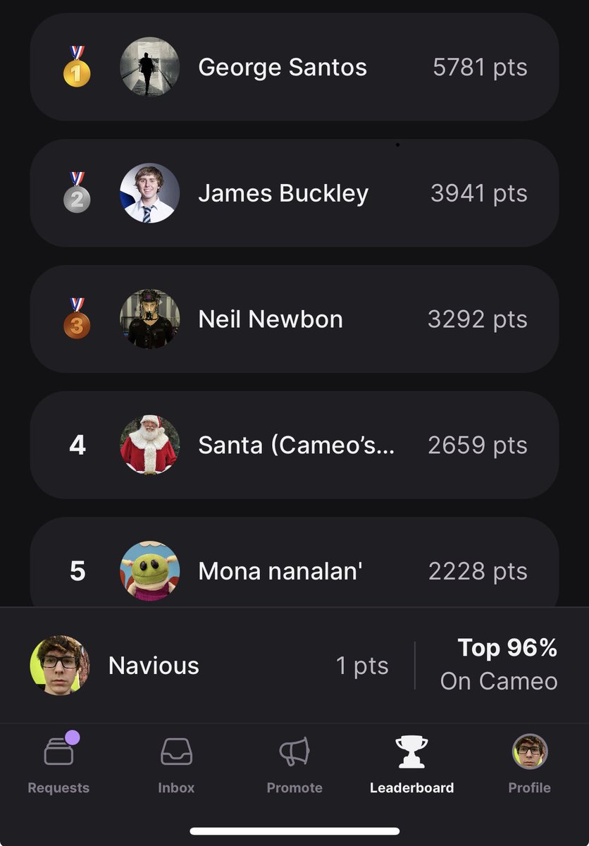 Navious's tweet image. I’m in the top 96% of Cameo over the holiday #nbd