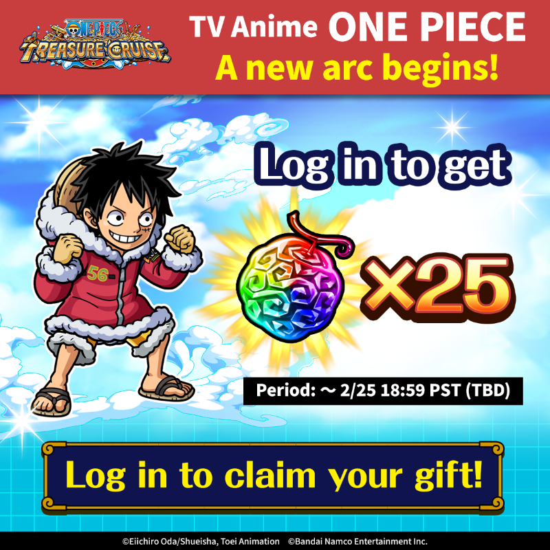 ONE_PIECE_TC's tweet photo. ONE PIECE enters a New Anime Arc 🎉

To celebrate, everyone who logins before February 25th will receive 25 Rainbow Gems ✨

#ONEPIECE #OPTC