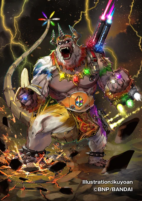 過去にバトスピのプロモーションカードで描かせていただいた「豪我獣神ギガントゴリランガ」「輝石の竜玉使いバトレイ」です。ギガントゴリランガの方はフレーバーテキストも考えさせていただきました。 #バトスピ