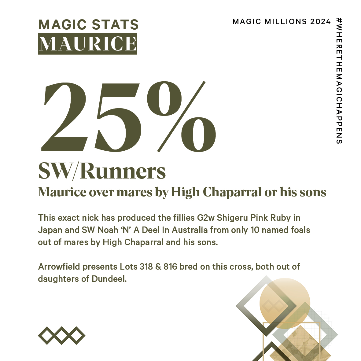 ArrowfieldStud's tweet photo. We all know Maurice loves Danehill but his stats with High Chaparral and sons are just as impressive!
#magicstats #Lot318 #Lot816 #maurice #magicmillions2024 https://t.co/T2unsn8dgf