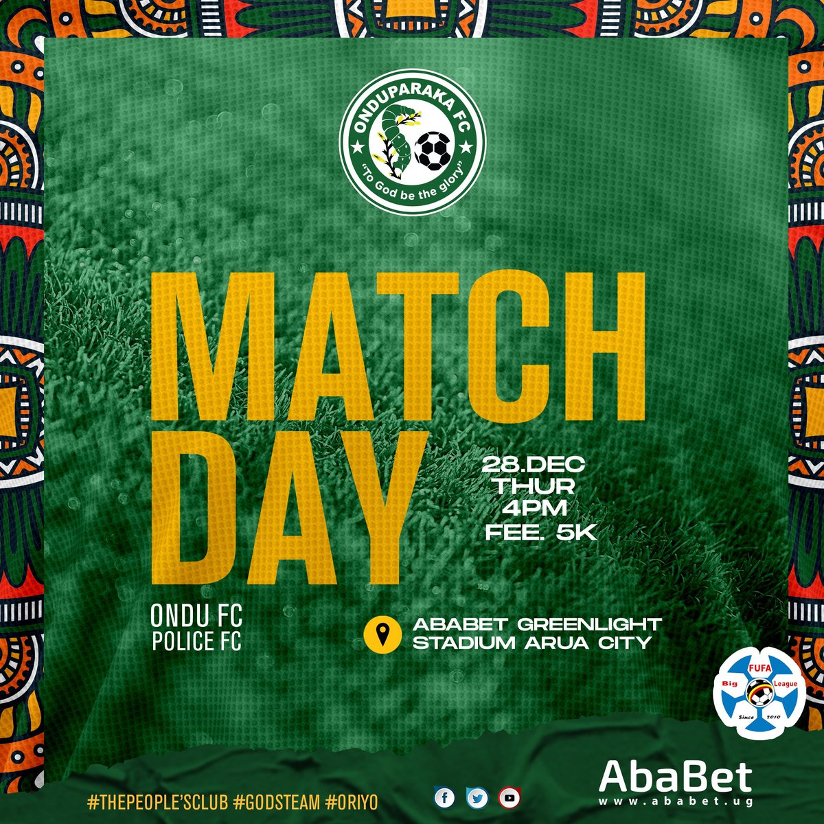 OnduparakaFC1's tweet photo. #ONDUPOL | MATCH DAY

We host Police FC in our final game of the year today at Ababet Greenlight Stadium..

ENTRANCE: 5.000/-

#AmaOnduparaka https://t.co/MuzG9iJs0P