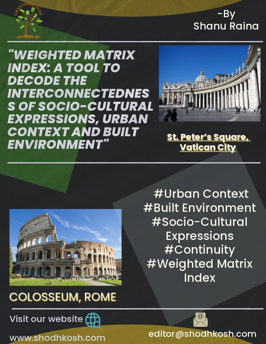 Submission URL: bit.ly/3uEoVO3

Read this article: doi.org/10.29121/shodh…

Email us: editor@shodhkosh.com

#granthaalayah 

"WEIGHTED MATRIX INDEX: A TOOL TO DECODE THE INTERCONNECTEDNESS OF SOCIO-CULTURAL EXPRESSIONS, URBAN CONTEXT AND BUILT ENVIRONMENT"