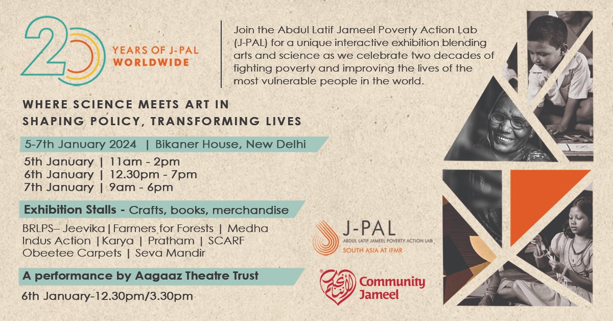 Science x Social Experiments x Arts converge in our “Shaping Policy, Transforming Lives” exhibition as we celebrate @JPAL's 20 years! Join us and explore stories of change, empowerment and hope we’ve collected through the years. #JPALat20 #ShapingPolicy #TransformingLives