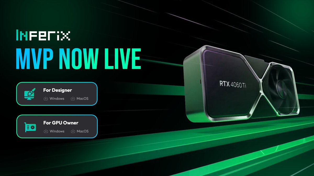 InferixGPU's tweet image. LIVE! LIVE! LIVE! 🔥
Our MVP for GPU Provider is now live following the successful launch of MVP for Designer.

This marks a significant milestone toward completing a #DePIN network design for the future of Decentralized GPU compute 🚩

Try it out at inferix.io!