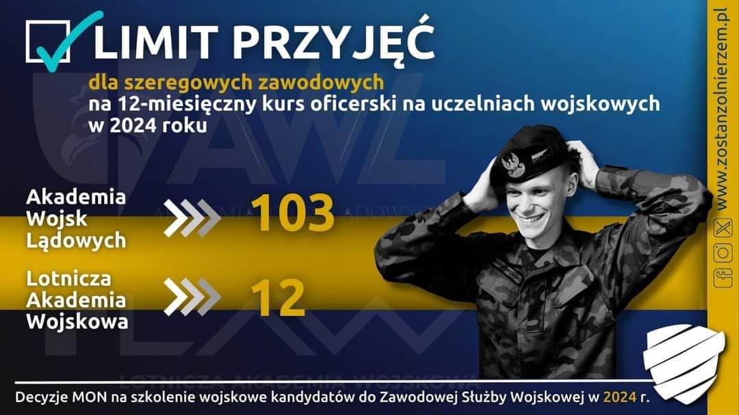 WCRBydgoszcz's tweet photo. ⭐️⭐️KURSY OFICERSKIE!
Każdy znajdzie coś dla siebie na jednej z uczelni wojskowych: 🪖
#AWL_Wroc 
#Akademia_MW 
#WAT_edu 
#LWojskowa 

Oferta dla:
➡osób ze środowiska cywilnego,
➡podoficerów zawodowych (6-miesiecy),
➡szeregowych zawodowych (12-miesięcy).
#ZostańŻołnierzem🇵🇱 https://t.co/XgAOwWKRAw