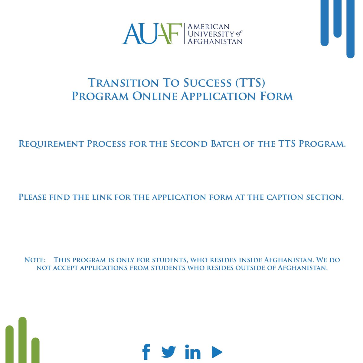 🚨 Announcement 🚨 AUAF is accepting applications for the 2nd batch of the successful TTS program. At the following link, you can learn about the requirements, fill, and submit your application for the TTS program. forms.gle/WqA7zexoBPZvwn