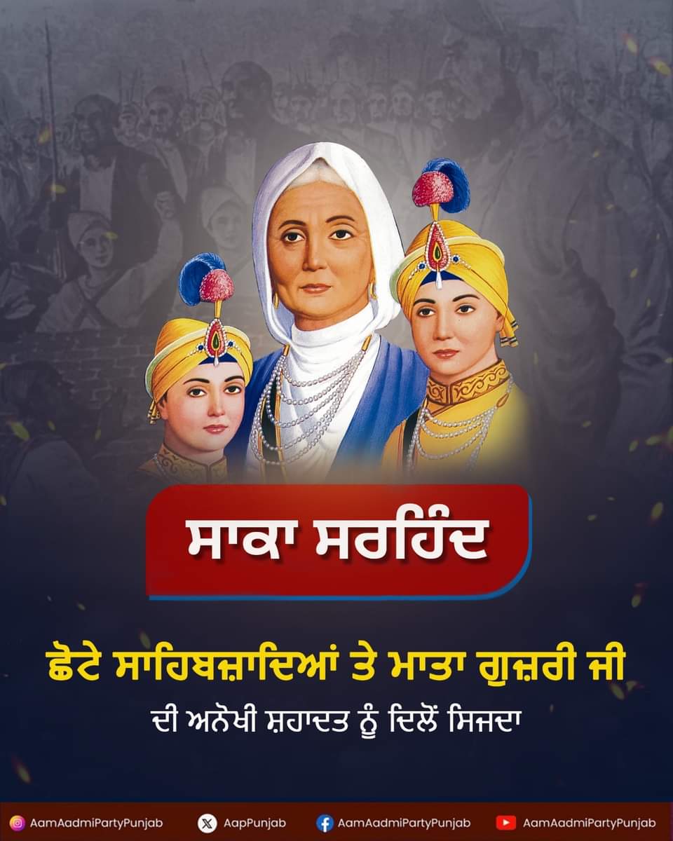 ਸਾਕਾ ਸਰਹਿੰਦ

ਛੋਟੇ ਸਾਹਿਬਜ਼ਾਦਿਆਂ ਤੇ ਮਾਤਾ ਗੁਜ਼ਰੀ ਜੀ ਦੀ ਅਨੋਖੀ ਸ਼ਹਾਦਤ ਨੂੰ ਦਿਲੋਂ ਸਿਜਦਾ!
.
.
#ChhoteSahibzade #matagujriji #sikh #Sikhs #gurugobindsinghji #sikhhistory #sikhreligion #martyrdom #SakaSirhind