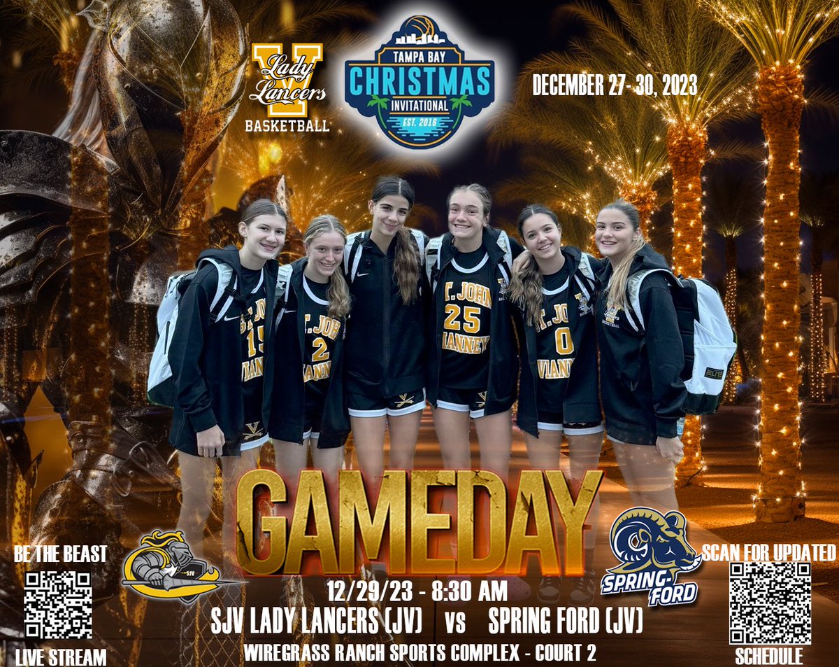 FRIDAY IS GAMEDAY - 12/29/23 - Varsity at 11:20, JV @ 8:30 am - two opportunities to watch our SJV Lady Lancers in Tampa at the @TBChristmasInv - come check us out!! <a href="/sjvcoach/">Dawn Karpell</a> <a href="/pero_zoe/">Zoe</a>