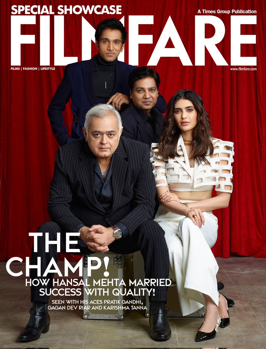 filmfare's tweet photo. #MehtaVerse: Creator #HansalMehta is revered for fearlessly charting unorthodox narratives and daring casting decisions, crafting a unique imprint in storytelling. From the gripping tales of #Scam1992 and #Scam2003TheTelgiStory to the recent triumph of #Scoop, the filmmaker’s audacious stories have earned widespread acclaim. Talents like #PratikGandhi, #KarishmaTanna, and #GaganDevRiar have delivered career-defining performances under Mehta's guidance, receiving resounding applause. In the ever-evolving landscape of OTT, Mehta continues to unearth exceptional talent, offering the audience reasons to celebrate and embrace unconventional narratives. Our December 2023 Digital cover captures the essence of fearlessness personified by director #HansalMehta and his trailblazing performers #PratikGandhi, #KarishmaTanna, and #GaganDevRiar, an ode to the power of bold storytelling and daring casting choices that redefine the norms of cinema. ❤️

Photographer: Roy

Stylist (Hansal Mehta, Pratik Gandhi & Gagan Dev Riar): Niki Joshi Naik 

Stylist (Karishma Tanna): Zainab

Hair and Makeup (Hansal Mehta, Pratik Gandhi & Gagan Dev Riar): Jayant Panwar (Hair) :

Gaus Shafi Sayyed (Makeup) 

Hair and Makeup (Karishma Tanna): Aafreen- Makeup & Hair and Shefali Koley

Outfit and Accessories credits:

Pratik Gandhi

Outfit: Paresh Lamba Signatures

Footwear: Lsole

Accessories: Vrp Fashions Mumbai

Glasses: Perfect Optics 

Hansal Mehta

Outfit:  Niki Joshi Naik 

Footwear: Lsole

Accessories: Vrp Fashions Mumbai

Gagan Dev Riar

Outfit: Studio Virtues 

Footwear: Lusso Lifestyle

Glasses: Perfect Optics

Karishma Tanna

Outfit: Mini Sondhi

Top: Karan Ahuja

Choker:  Outhouse Jewellery 

Earrings: Meghana Sareen Jewels

Ring: Bling Thing Store

Heels: Dior