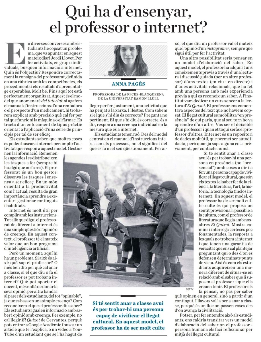 "Per què cal anar a classe, si el que diu o fa el professor es pot trobar a internet? Què pot aportar el docent?" Molt interessant la reflexió de l'<a href="/annapagess/">Anna Pagès</a>  <a href="/diariARA/">diariARA</a> sobre el rol docent a l'era d'internet i la IA.