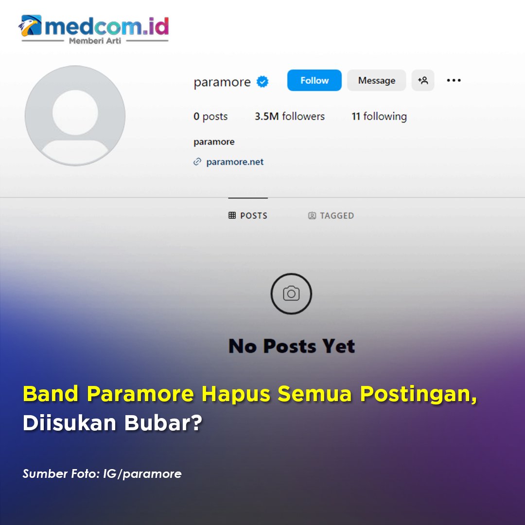 medcom_id's tweet image. Menurut Sobat Medcom, kenapa nih? 🤔

Grup band asal Amerika Serikat, Paramore dikabarkan mengalami ketidakpastian nasib karier panggung mereka setelah mereka menghapus postingan dan foto profil di media sosial.

#medcomid #paramore #bubar #hayleywilliams