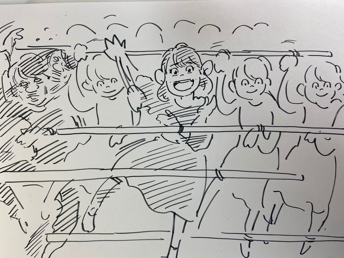 ひなたんの両手両足に、こんな感じで棒つなぎで人形つけて。一人日向坂46、だけど端っこだけたかはる…ってネタ描こうとして。  一通り曲聞いて、一番ダンスがハードそうだったのが、青春の馬だったのよ。でもこの曲が有名なのかわからんし、そもそも作画がきついからボツになった。