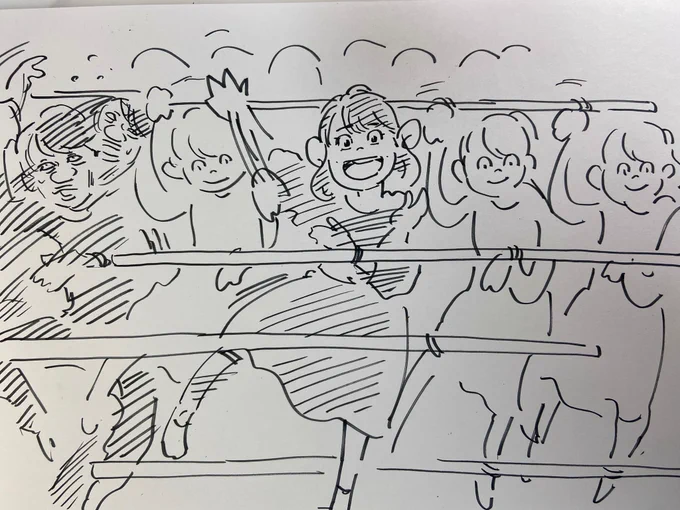 ひなたんの両手両足に、こんな感じで棒つなぎで人形つけて。一人日向坂46、だけど端っこだけたかはる…ってネタ描こうとして。  一通り曲聞いて、一番ダンスがハードそうだったのが、青春の馬だったのよ。でもこの曲が有名なのかわからんし、そもそも作画がきついからボツになった。