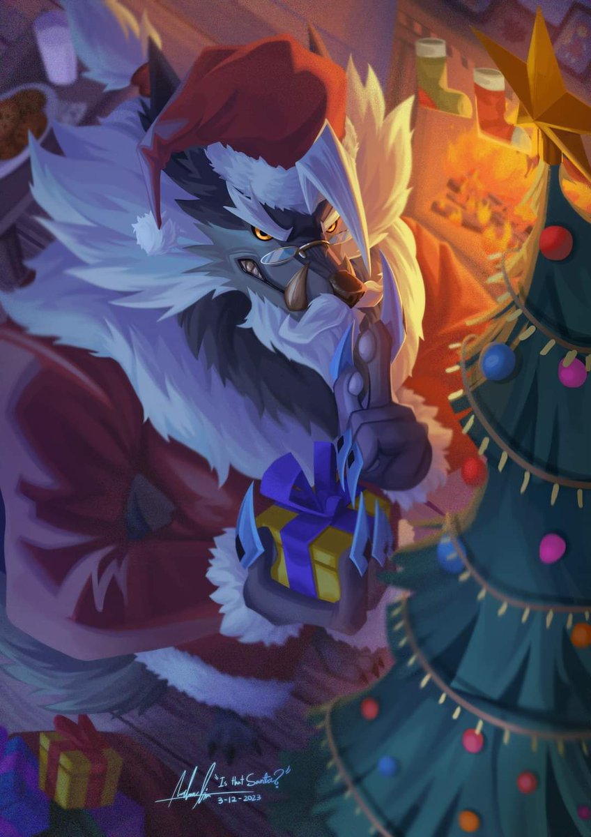 Your_Pal_ALywoo's tweet photo. #SmashLegends Christmas Fanart contest entry! Feat Santa Wolfgang sneaking presents under your Christmas tree~ 

This piece won Smasher's Choice award, thank you to everyone who voted!💖 
#smashlegendsfanart #furryart https://t.co/cVuUzaUVEv
