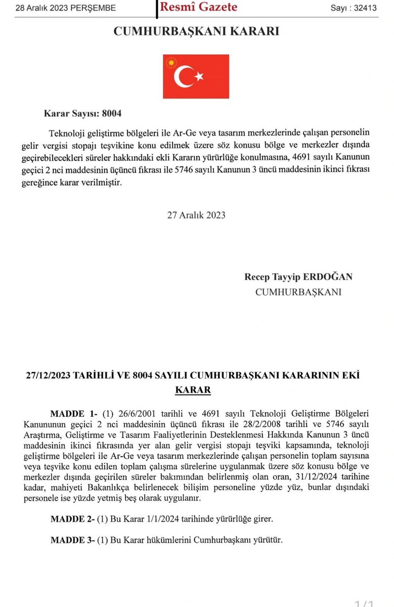 Teknoloji Geliştirme Bölgeleri ve Ar-Ge/Tasarım merkezlerinde teşvik kapsamında uzaktan çalışma, bilişim personeli için %100, diğer personel için %75 olarak 2024 sonuna kadar uzatıldı.