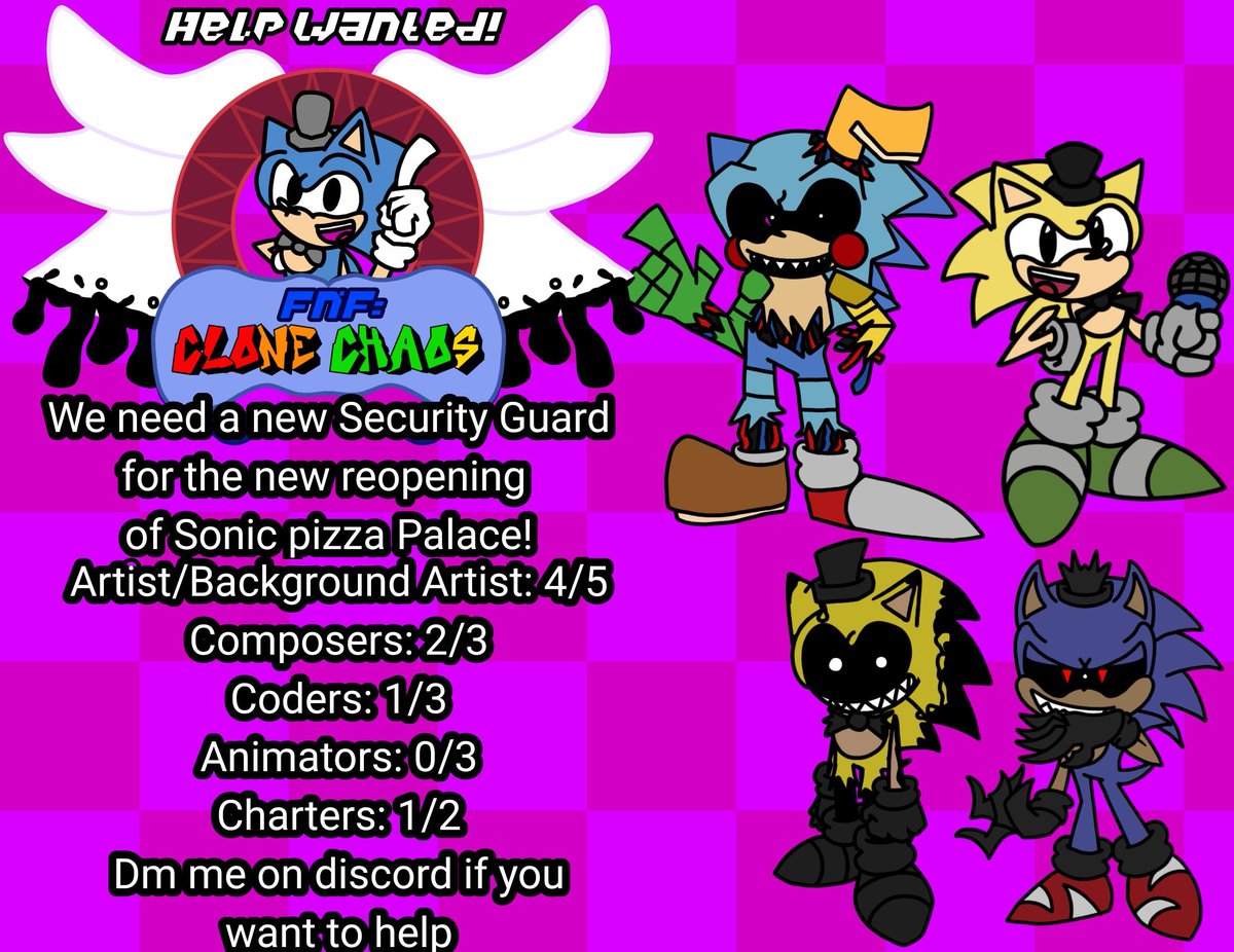 FNF_Clone_Chaos's tweet photo. Hey! So Quick update on very thing,
So far progress has been a bit slow
But it's mainly because we need more Artist to help out.

 If you are a Art please dm me on Discord (0228alex99123) if you can help out.

(Tags)
#fnas #fnfmod 
@FNFNewsAnnounc1 
@News_Funkin 
@FNFNewsEsp https://t.co/Rrkus54oBr