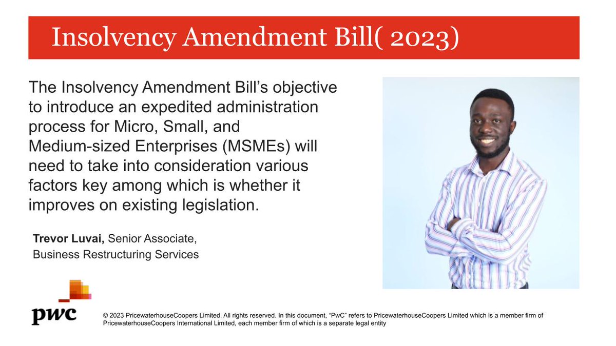 PwC_KE's tweet photo. Trevor Luvai, Senior Associate, Business Restructuring Services shares insights on the Insolvency Amendment Bill’s objective to offer a swift resolution mechanism for distressed MSMEs is laudable.
#PwCInsights #PwCAdvisory https://t.co/PhMbY0in8y