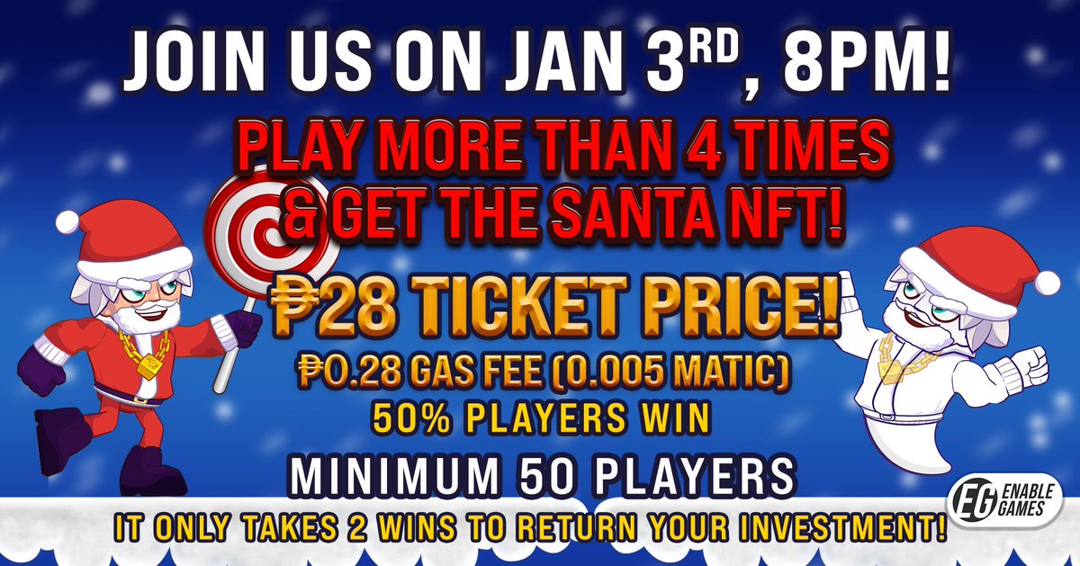 Join us on Jan 3rd! Ticket price 0.5USDC!
50% of the players win!
2 wins to return the ticket price!
Gas fee is 0.005 Matic (P0.25)