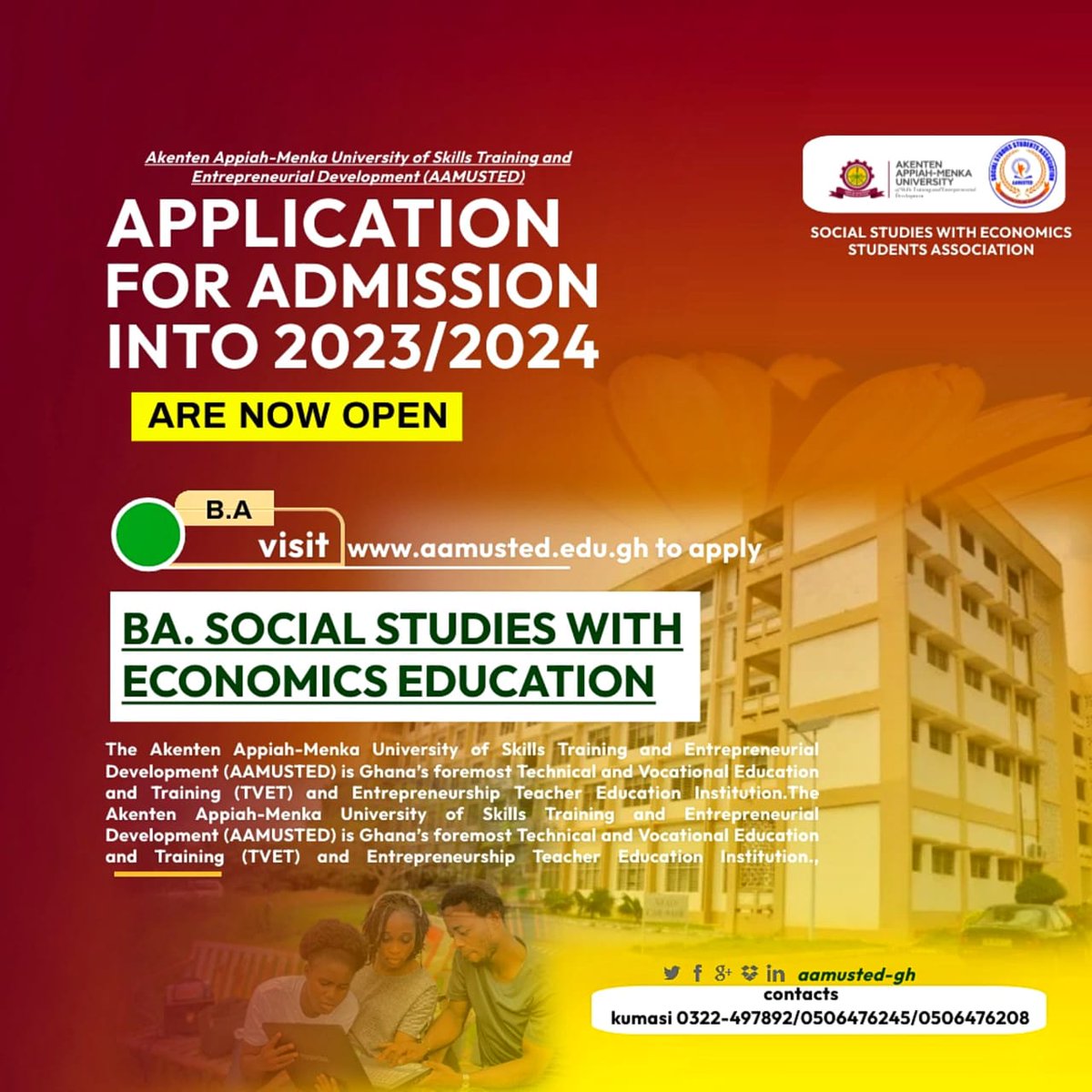 Voice_of_Atwima's tweet photo. The sale of application forms for the 2023/2024 academic year (Full-time, Weekend, and Evening programmes) ends on January 5, 2024. 

Apply now!
🌐https://t.co/tJctLFzNoO

#StudyAtAAMUSTED https://t.co/P9wZfofSd3