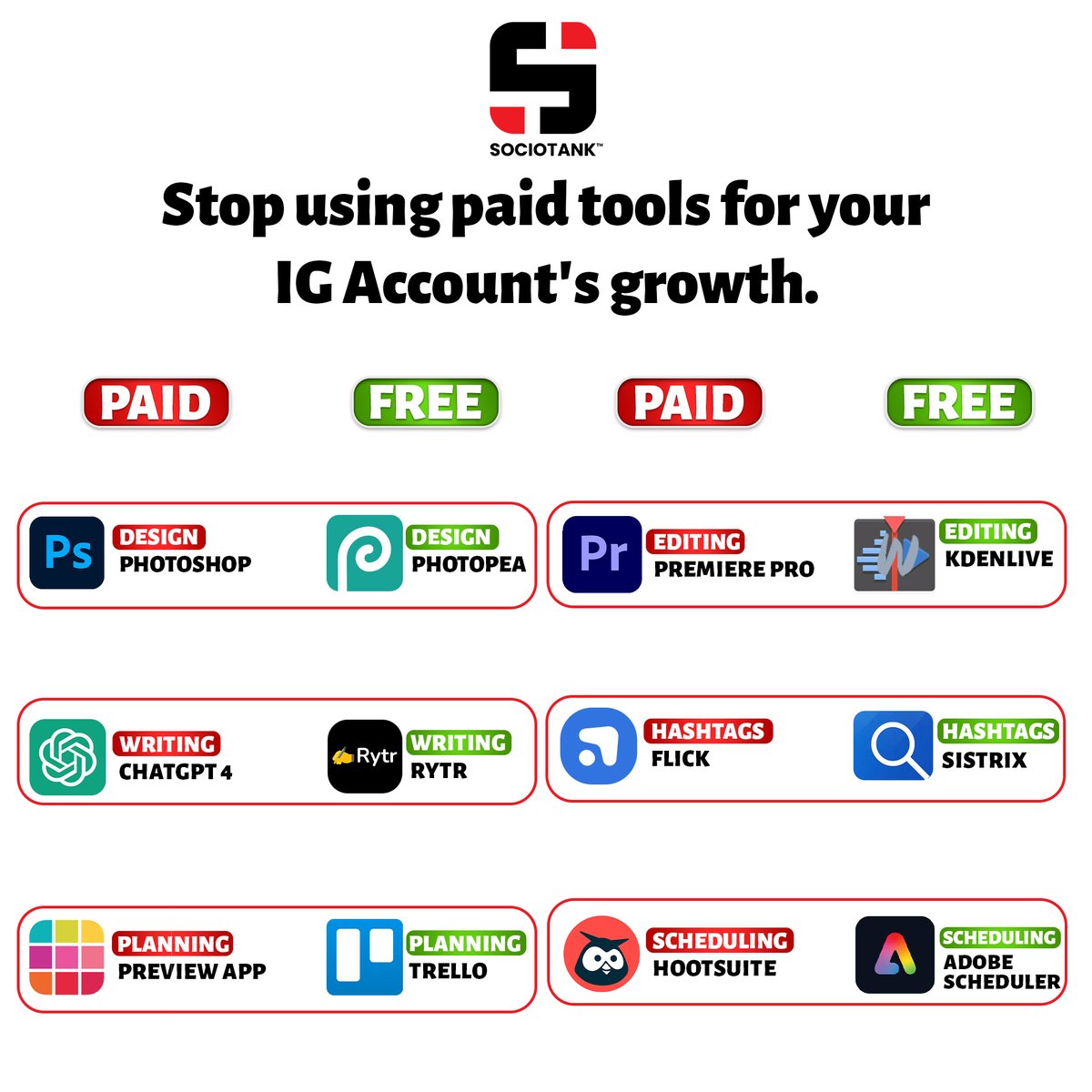Socio_Tank's tweet photo. 🚫 Say goodbye to paid tools and hello to organic growth! 🌱 Sociotank's got the key to boosting your Instagram without breaking the bank. Let's grow smarter, not pricier. 💡 Powered by @pjpdigital 

#SociotankHacks #sociaotank #OrganicGrowth #InstagramStrategy #NoMorePaidTools https://t.co/Iihf7SoEjH