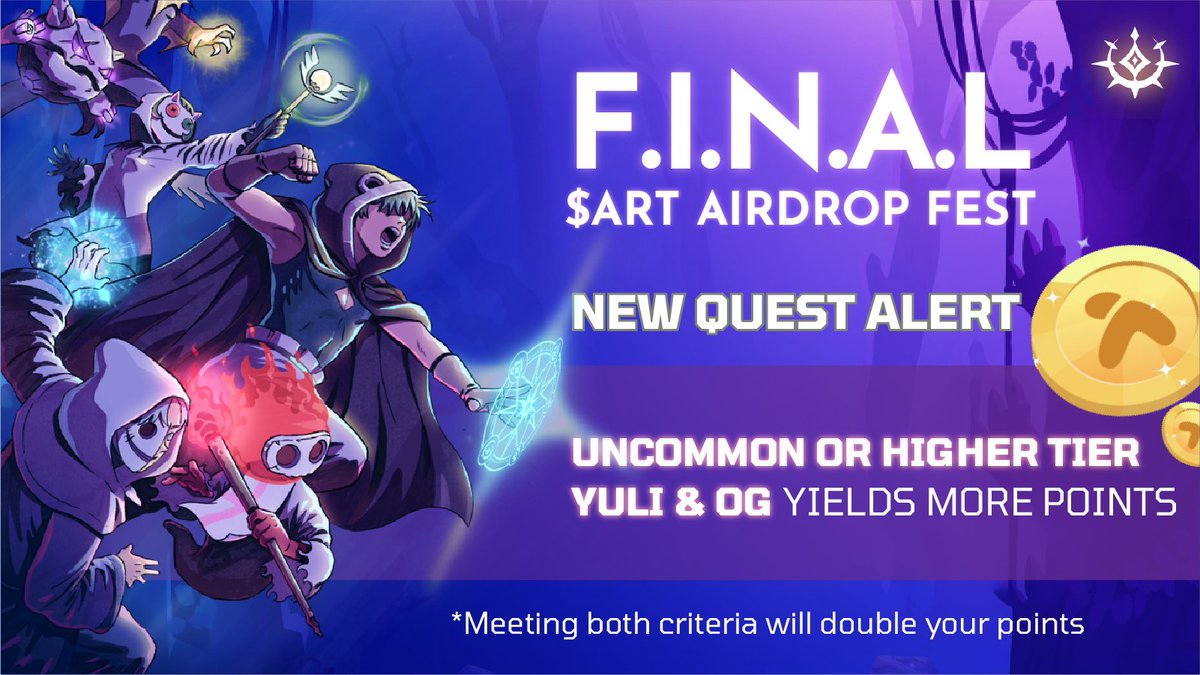 🚀 NEW QUEST ALERT! 🌟 Unlock additional points by holding Uncommon or Higher Tier Yuli & OG NFT(s)! 🌟 Double up your points by meeting both criteria. 🔥 Join now: airdrop.yuliverse.com #Yuliverse #ARTAirdrop #Yuliverse