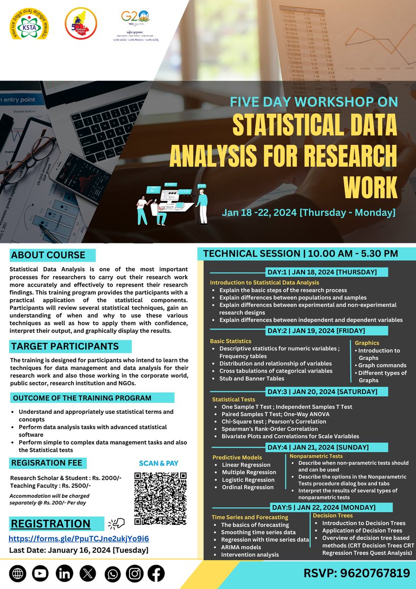 kstacademy's tweet image. Five Day workshop on "Statistical data analysis for research work"
January 18-22, 2024
Registration Link: forms.gle/PpuTCJne2ukjYo…
Last Date: January 16, 2024 [Tuesday]

#statisticaldata #dataanalysis #researchwork #research #ksta #kstacademy #dstkarnataka