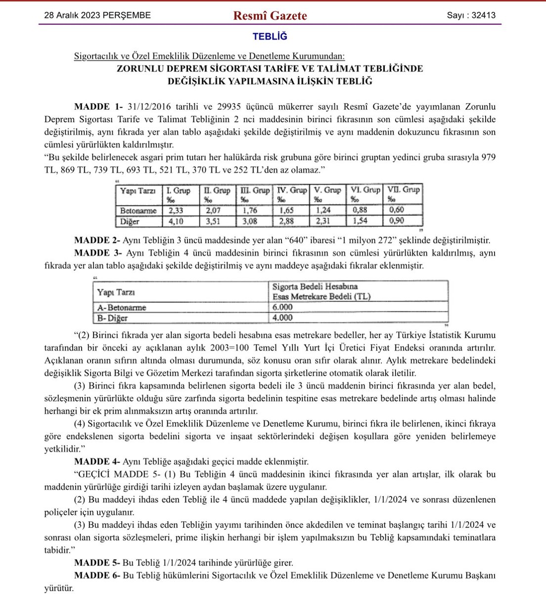 Resmi Gazete'de yayımlanan tebliğle Zorunlu Deprem Sigortası azami teminat tutarı 01.01.2024 tarihinden itibaren 640 bin liradan 1 Milyon 272 bin liraya yükseltildi.
Metrekare tutarı da betonarme yapı tarzı için 6 bin lira,diğerleri için 4 bin lira olarak belirlendi.
#Dask #Hukuk