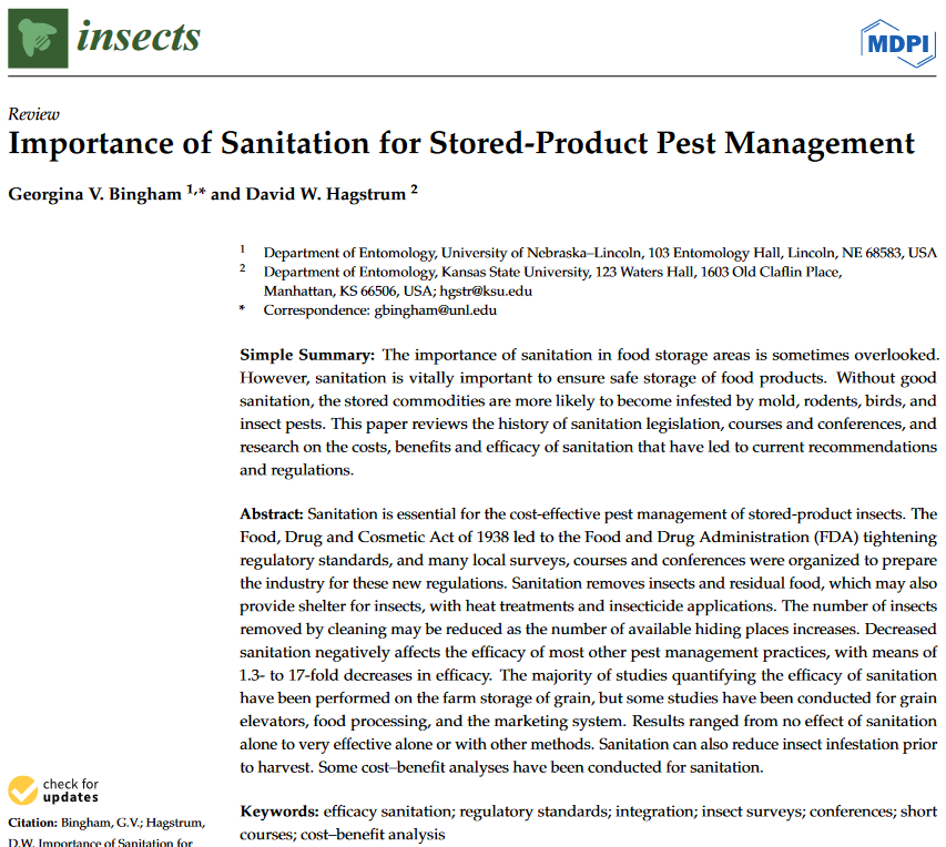 Insects_MDPI's tweet photo. #insects #Review
📚Importance of Sanitation for Stored-Product #Pest Management
by Georgina V. Bingham, David W. Hagstrum @UNLEntomology
https://t.co/SKZejD9MQb
#foodstorage #insectpest #storedproductinsects #IPM https://t.co/nyBsLBKzN6