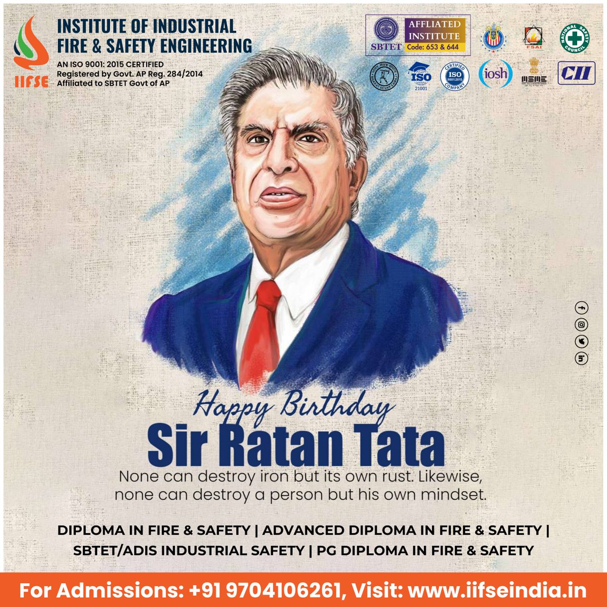 INSTITUTEOFIND2's tweet photo. Happy Birthday Sir Ratan Tata
None can destroy iron but its own rust. Likewise, none can destroy a person but his own mindset.
π For Admissions, Call: +91 9704106261
π Visit our website for more information: https://t.co/d5JDelCT2e
#HappyBirthdaySirRatanTata #IIFSE https://t.co/X5c3fuFFcH