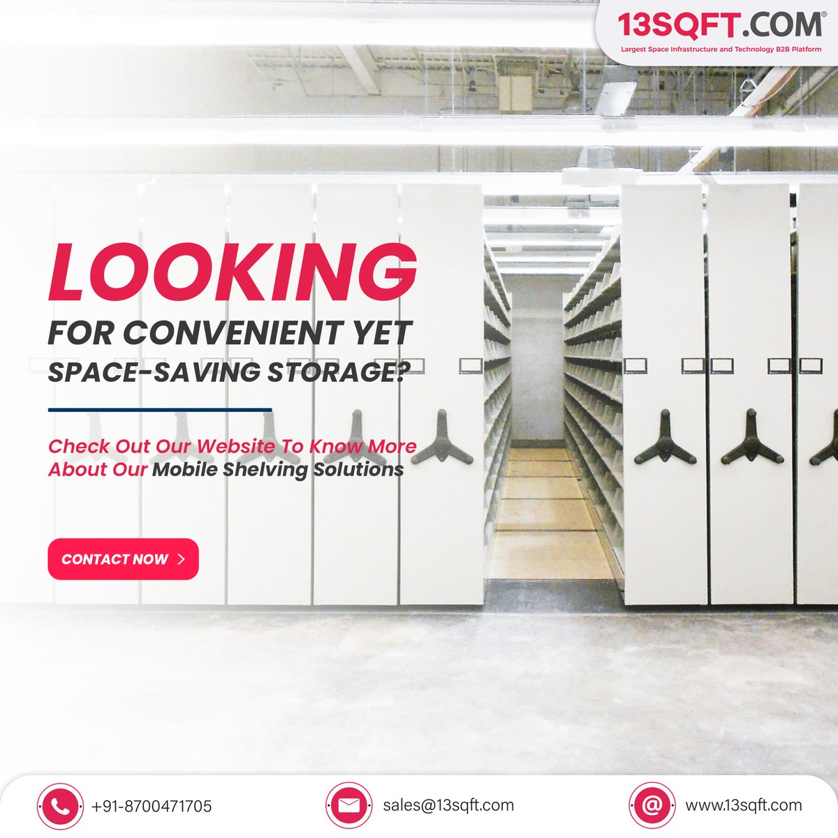 13SQFT (@13_sqft) on Twitter photo Unlocking Efficiency: Transform your workspace with mobile shelving solutions! Maximize storage space, streamline organization, and boost productivity.
Contact us: +918700471705 | sales@13sqft.com
#MobileShelving #WorkspaceOptimization #StorageSolutions #ProductivityBoost Unlocking Efficiency: Transform your workspace with mobile shelving solutions! Maximize storage space, streamline organization, and boost productivity.
Contact us: +918700471705 | sales@13sqft.com
#MobileShelving #WorkspaceOptimization #StorageSolutions #ProductivityBoost