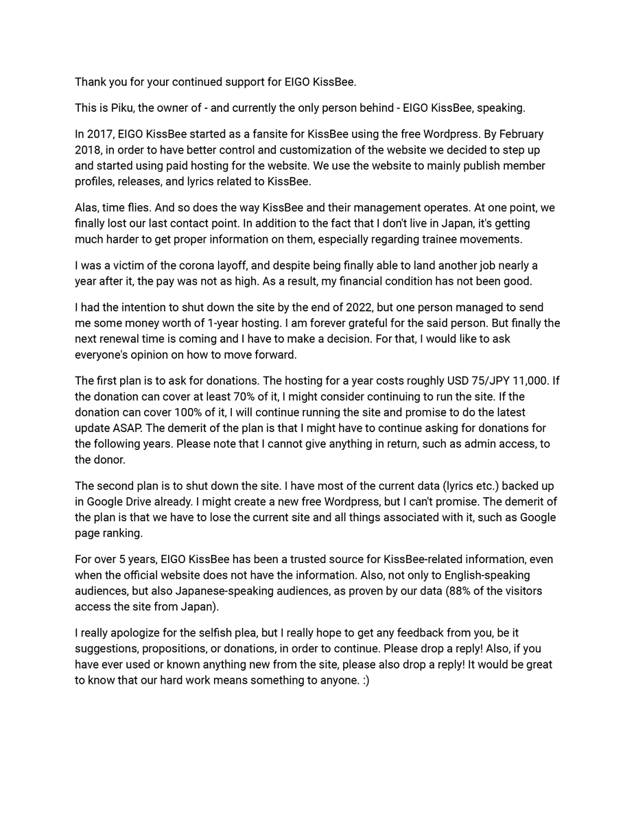 eigokissbee's tweet photo. 【Announcement】
A sincere request from EIGO KissBee regarding moving forward. We would be happy if you read it. Thank you for your support.

【お知らせ】
EIGO KissBeeからお願いがございます。来年度に進めるため、お読みしてくださったらとても幸いです。宜しくお願い致します。 https://t.co/WcnkMSytHK