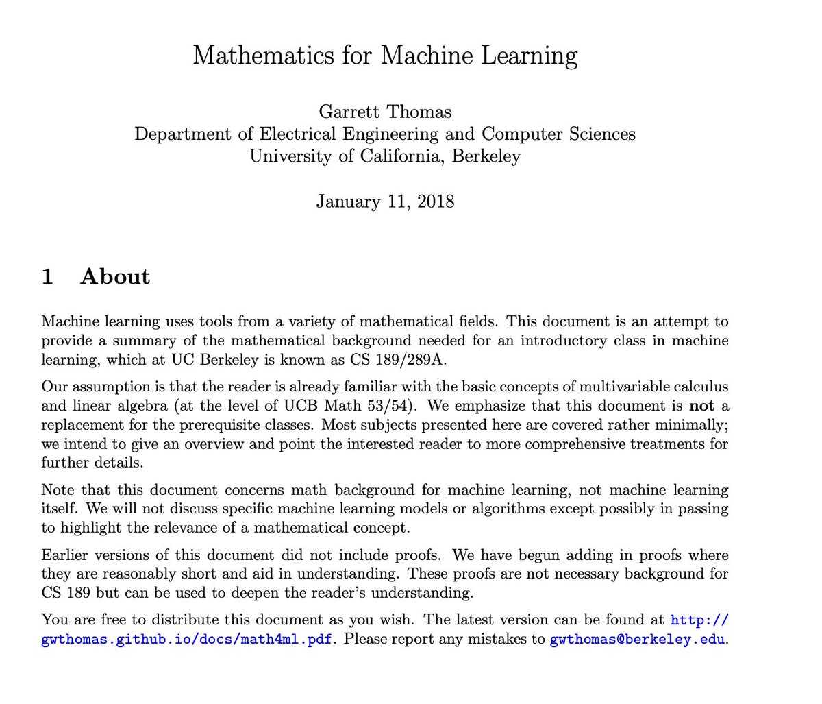 Mathematics for Machine Learning from University of Berkeley.

Learn:

• Linear Algebra
• Calculus and Optimization
• Probabilities

100% Free.

Download it here: gwthomas.github.io/docs/math4ml.p…