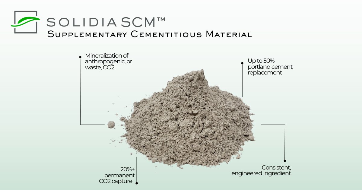 Close the materials supply gap and cut carbon emissions with Solidia SCM™. It's a solution for cement and concrete producers to reduce carbon emissions and take control of SCM performance and sourcing! All while increasing the durability and workability of concrete.