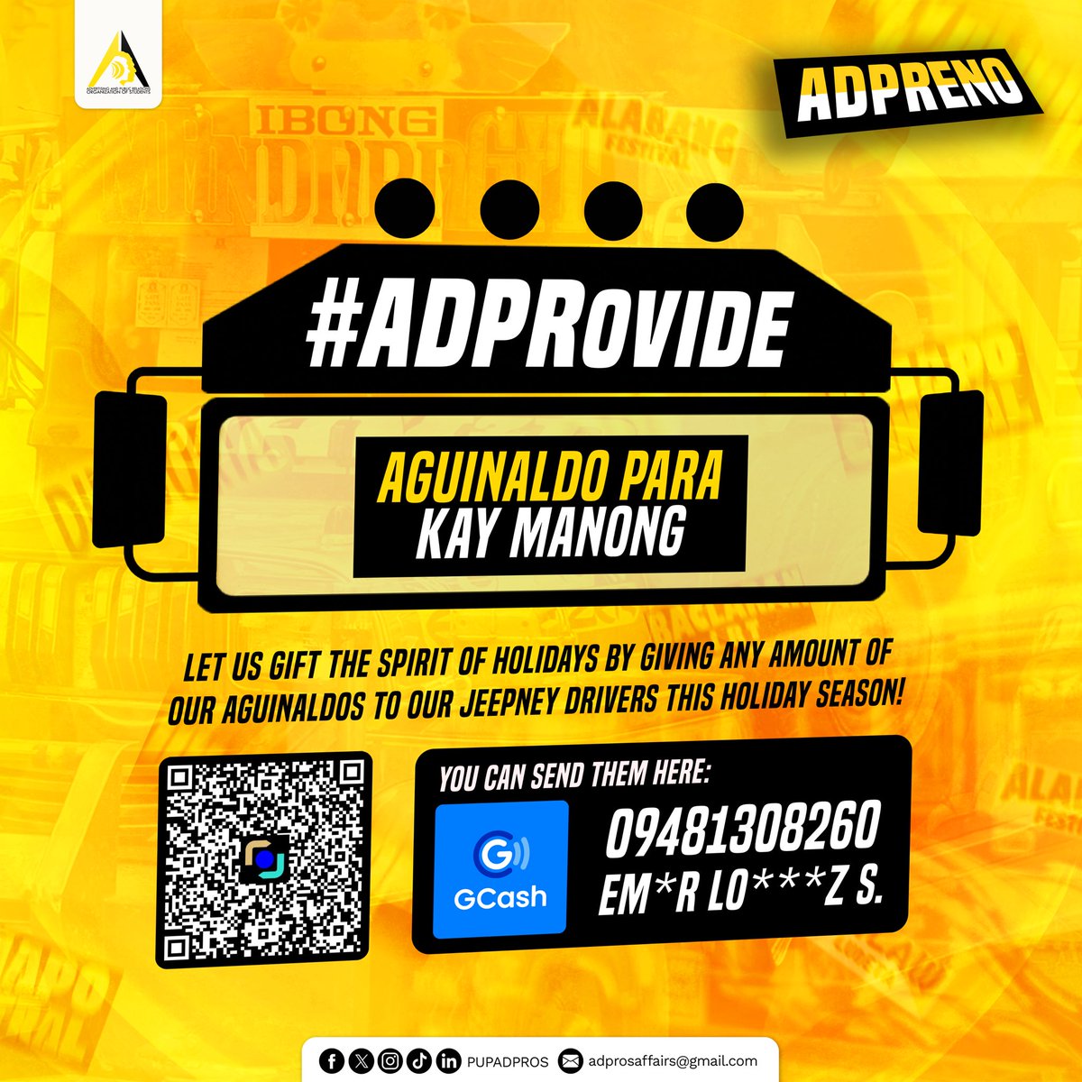 PUPADPROS's tweet photo. #ADPRovide: Aguinaldo Para kay Manong 

The organization is knocking on your kind and generous hearts for any financial aid to our jeepney drivers and operators during these trying times. 💛

#NoToPUVPhaseout
#ADPRovide
#ADPRosper https://t.co/4uD99XtSmn