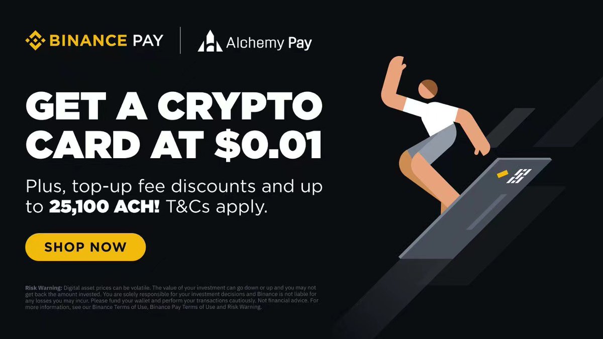 AlchemyPay's tweet photo. 🌟#AlchemyPay launched its Crypto Card💳 mini app on #Binance Marketplace. Partnering with #BinancePay, users can apply for a #cryptocard at just $0.01 and a discounted 2.5% top-up rate. 🤑 Plus, get up to 25,100 $ACH for recharging and spending! 🥳

https://t.co/WZedsfKJey https://t.co/fh4EHMw47U