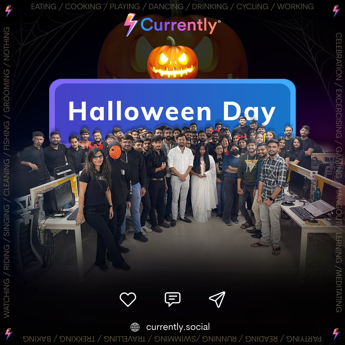 Currently_club's tweet photo. Dressed in spooky black, we crafted scares and captured the fun. Doubled the thrills & enjoyed Halloween๐๐ป
#halloweencelebration #hauntedoffice #creepycute #officefun #celebratewithcurrently #celebration #sharethemoment #moments #currently #currentlyupdate #stayconnected https://t.co/2cylF8KJJn