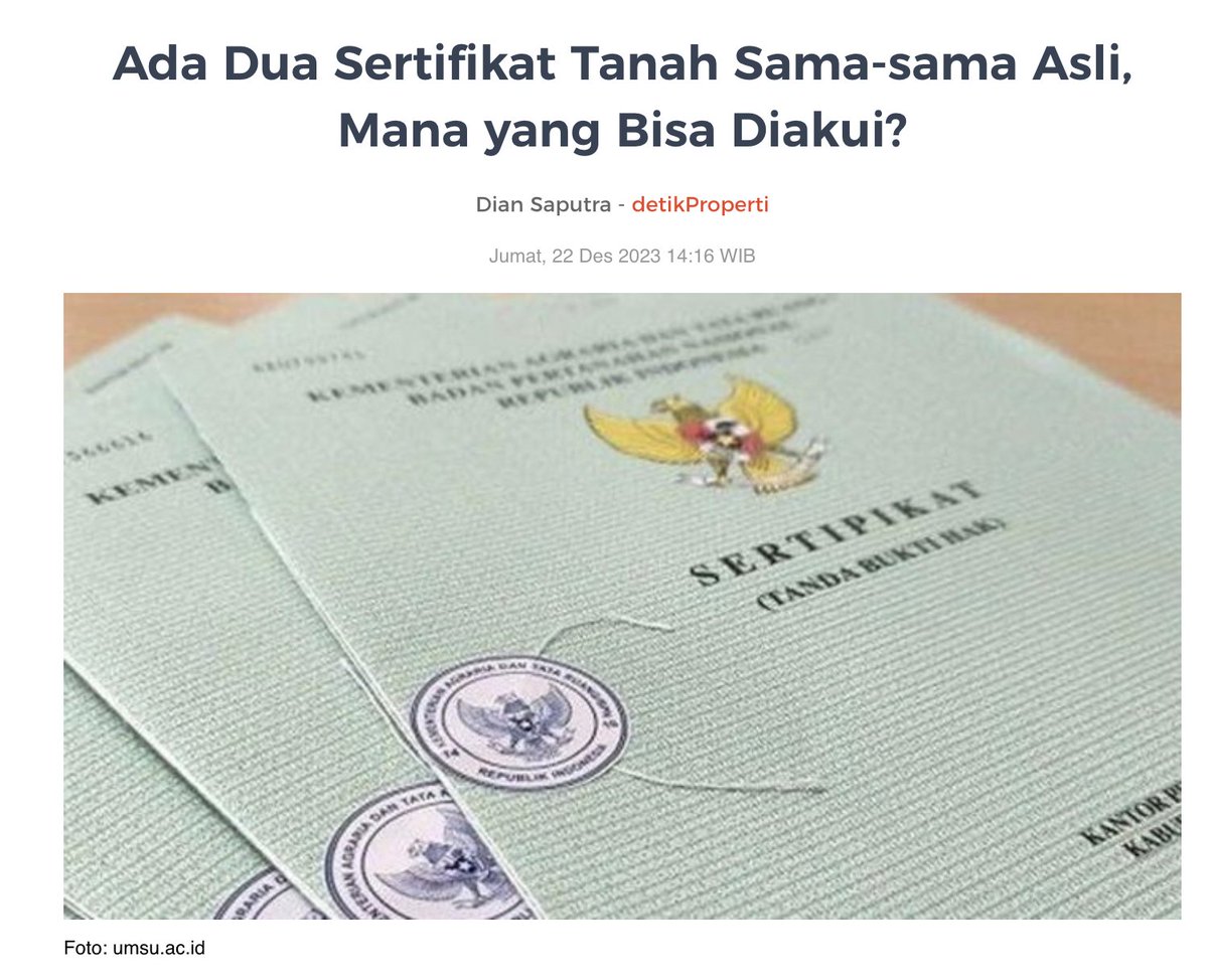 anggaandinata's tweet photo. Kalo di blockchain namanya double spend attack. 
Yang penting juga bukan sertifikat mana yang bisa diakui, tapi yang validasi juga harus ditindak. 

Nah pertanyaannya, kalau sama-sama asli... data di ledger BPN gimana? apakah ada 2 pemilik untuk 1 nomor sertifikat yang sama?

Makanya BPN perlu solusi Blockchain yang immutable.
BPN sebagai "validator", Notaris sebagai "node". 
Lebih baik lagi kalau datanya open dan bisa diakses secara publik.

Mengeliminasi adanya mafia tanah, oknum, makelar ngaku pemilik, dll.