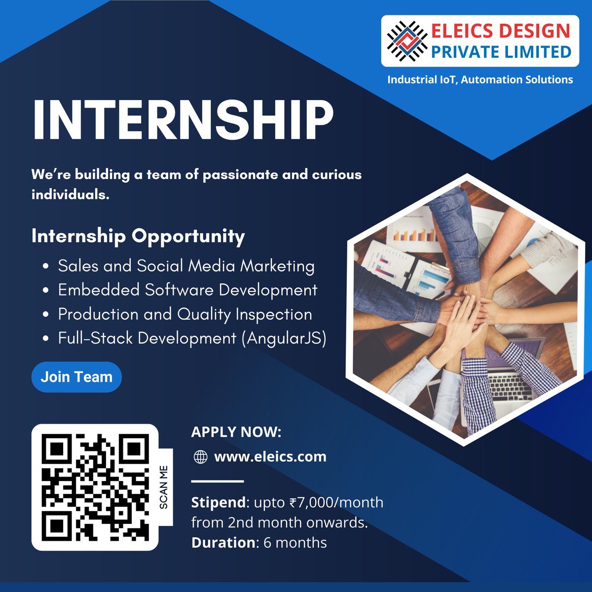 🔍 Internship Opporturnity in Gandhinagar.⚡

We are looking for fresh talent for the multiple Internship positions at Eleics Design Private Limited. 

Apply now: bit.ly/edpl-internship

#internshipalert #internship #Freshers #CareerOpportunity #GandhinagarJobs #internetofthings