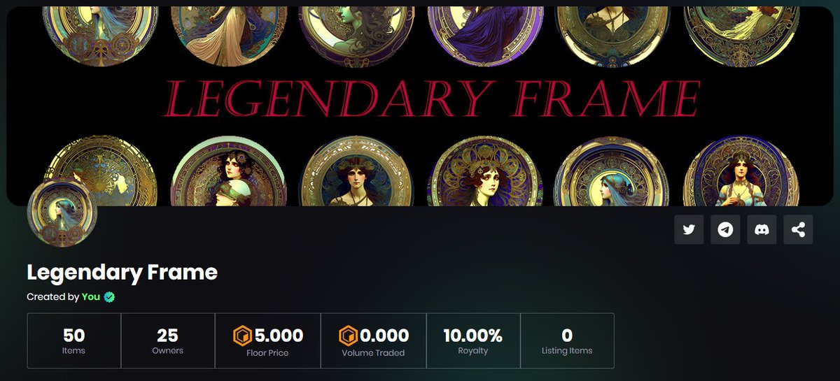 HOZYFA_Arts's tweet photo. 5. Legendary Frame

   Total Supply : 50
   Owners : 25
   Floor Price : 5.00 CORE

Collection Link : https://t.co/gm27IaTyj6 https://t.co/A0RQM7gDmR